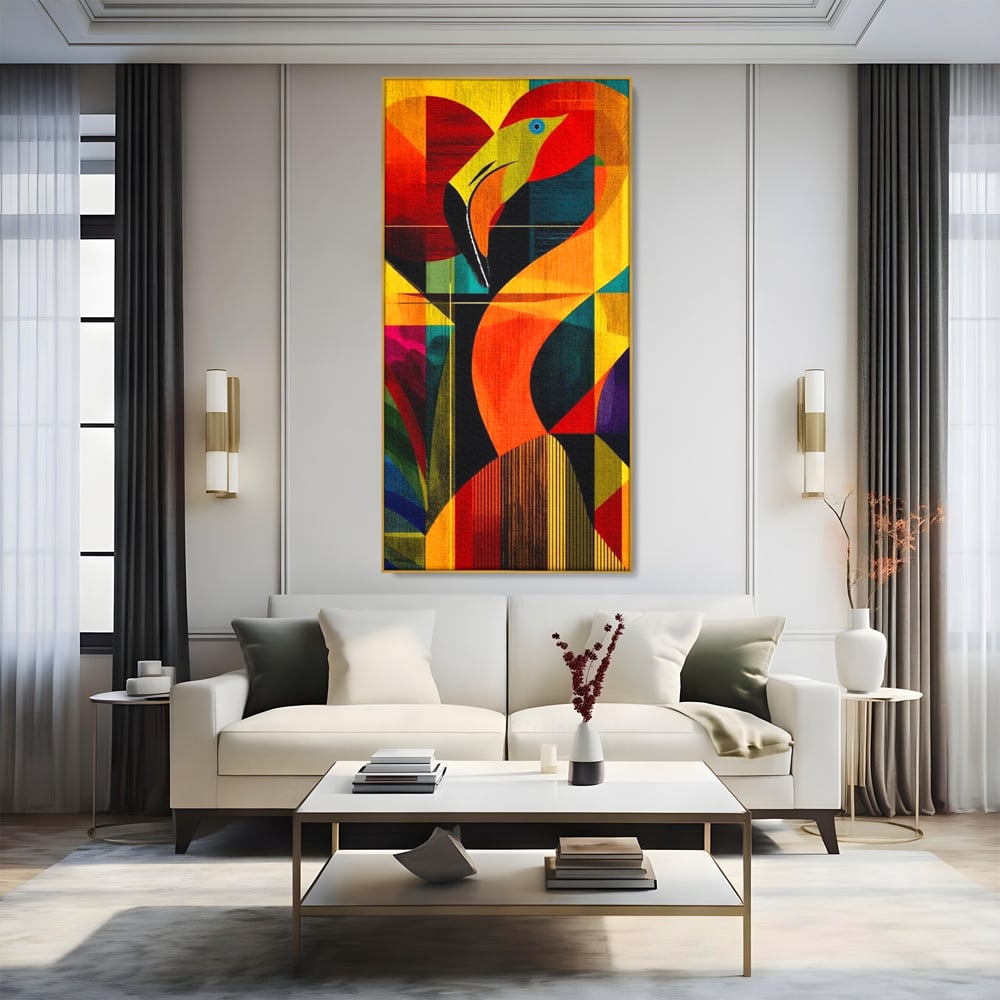 Tablou canvas cu tablou canvas cu flamingo geometric, in rama de aluminiu auriu, pe perete intr-un living